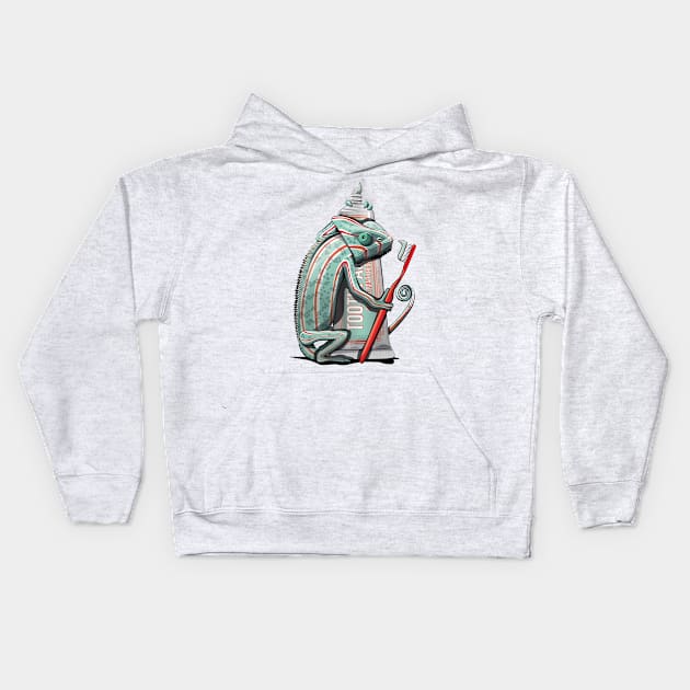 Chameleon Brushing their Teeth Kids Hoodie by InTheWashroom